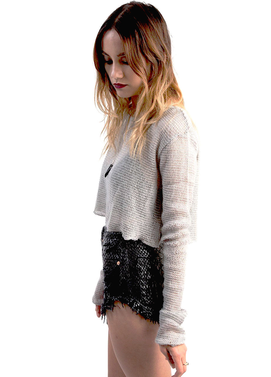 silver grey shrugs sweater off the shoulder styled look