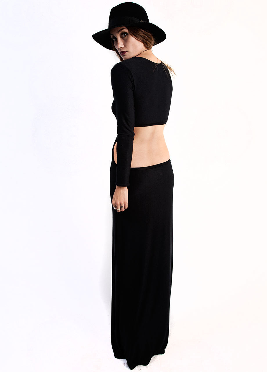 castles couture cut out maxi dress back view, open back maxi dress
