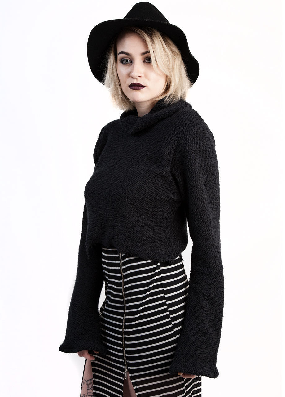 castles couture black crop runaway sweater with cowl neck and bell sleeves side view