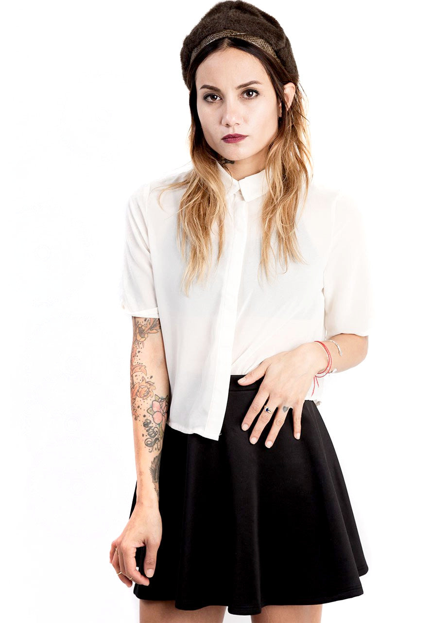 pleated collared button up crop top