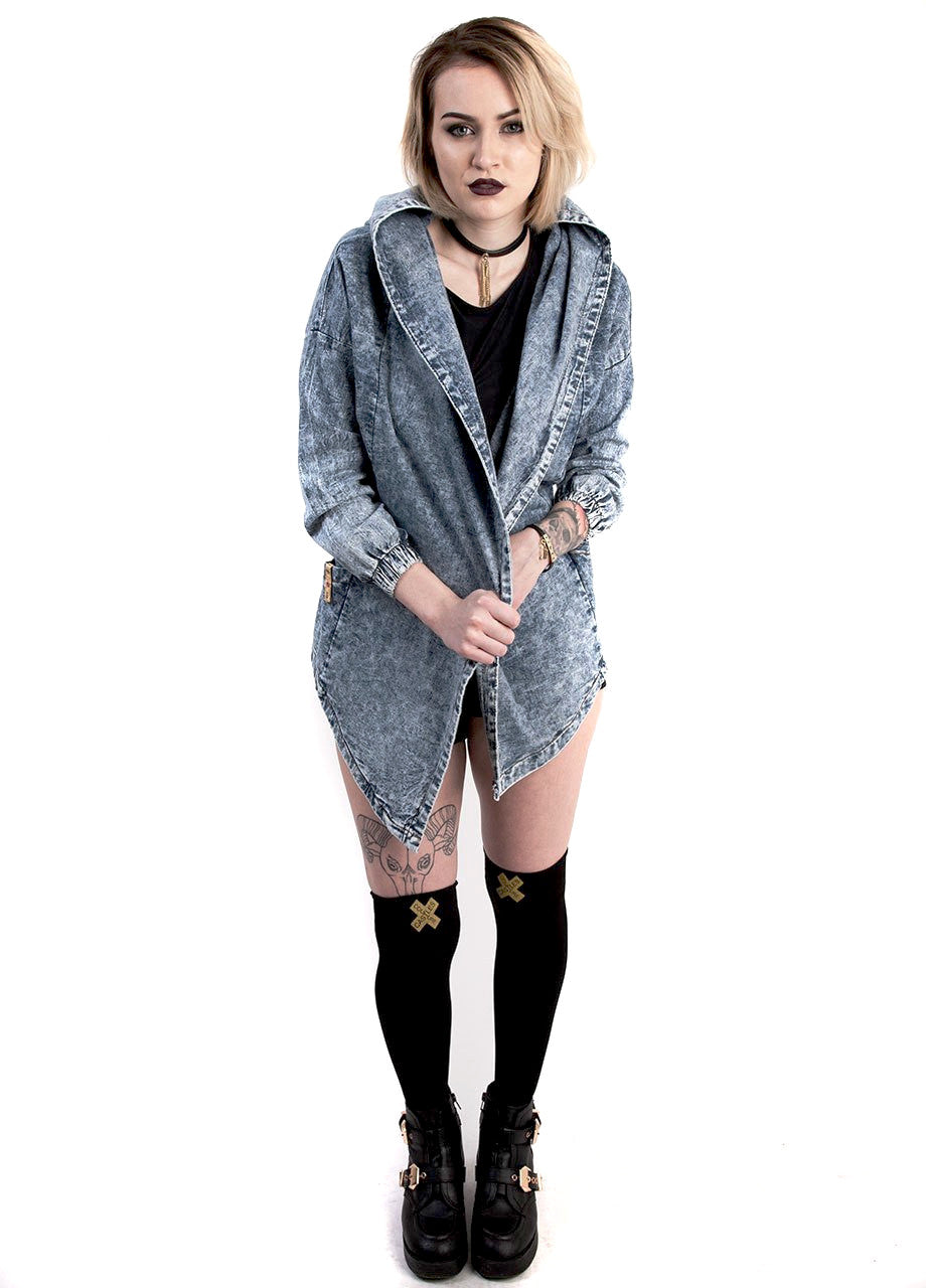 Denim Acid Wash Hooded Oversized Denim Jacket - shop at BLACKCLOTH