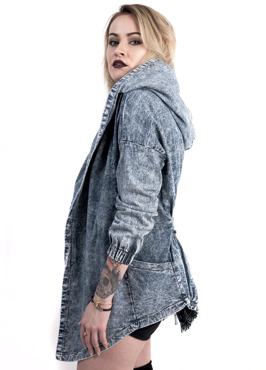 Acid Wash Denim Jacket with Oversized Hood for Women - Shop at BLACKCLOTH