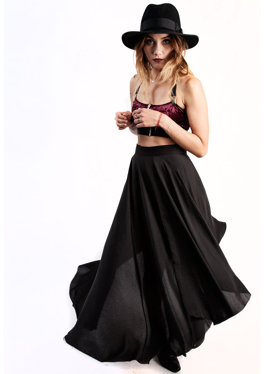 widow satin skirt, high skirt and crop top