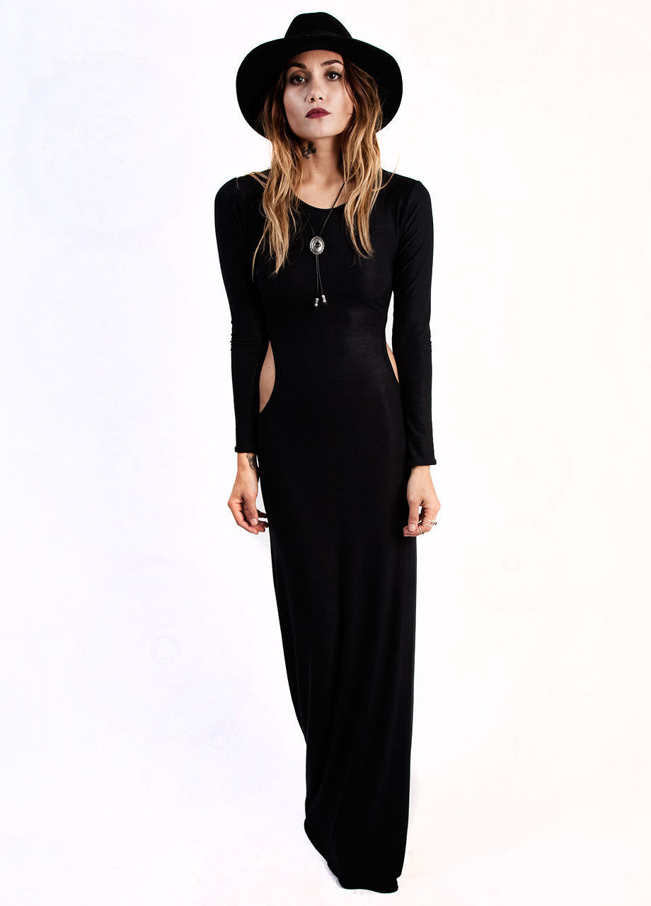 Castles Couture Cut Out black Maxi Dress with long sleeves