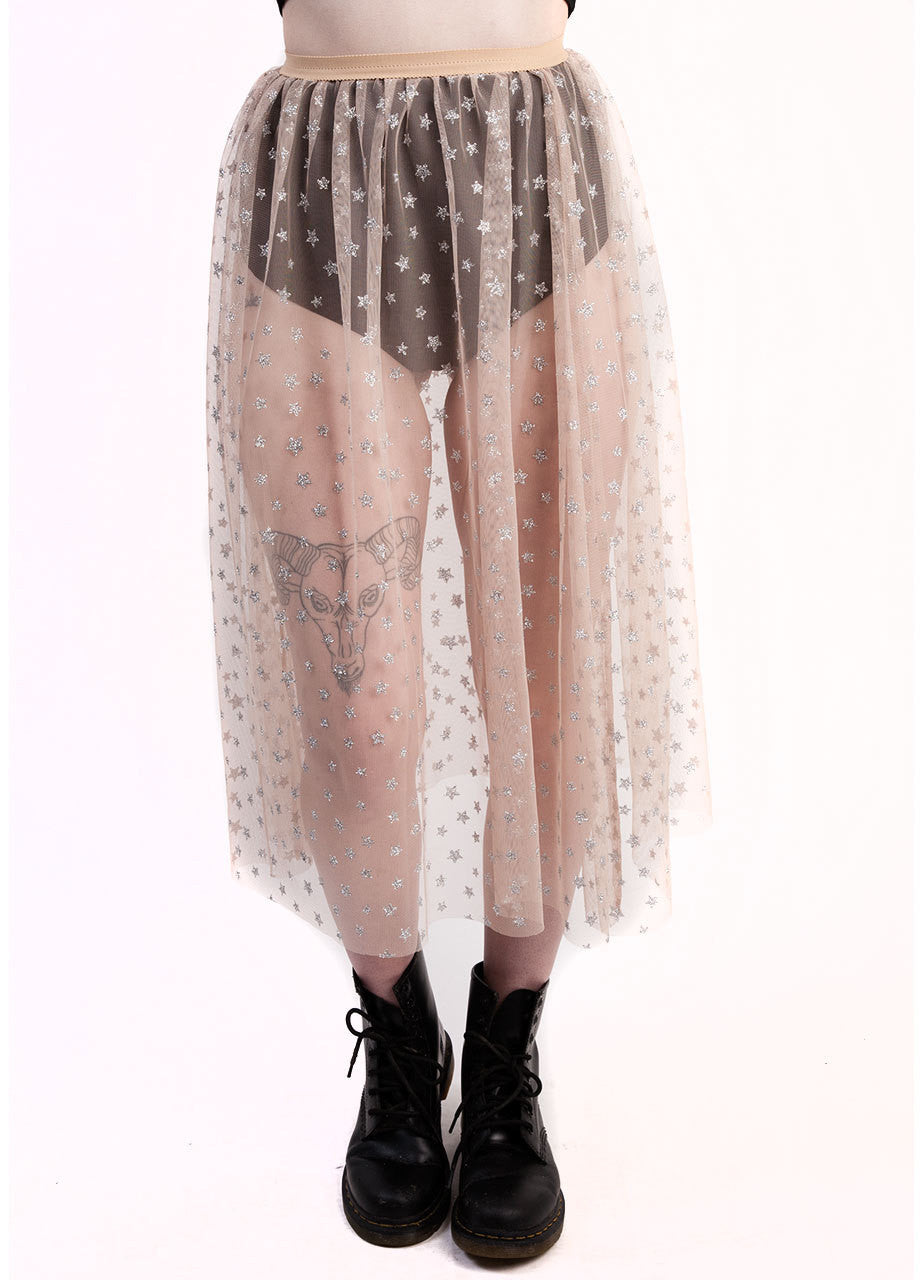 castles couture luna skirt with hot pants, in sheer nude tulle skirt material