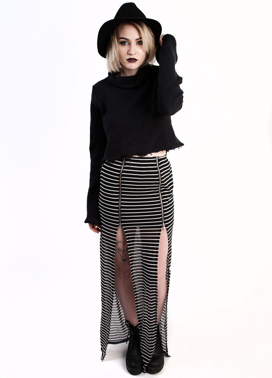 evil twin black and white striped zip maxi skirt with two front slits styled look