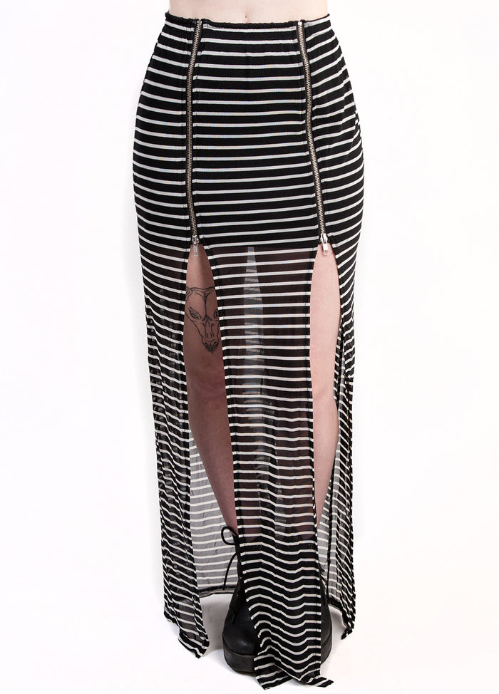 evil twin black and white striped zip maxi skirt with two front slits