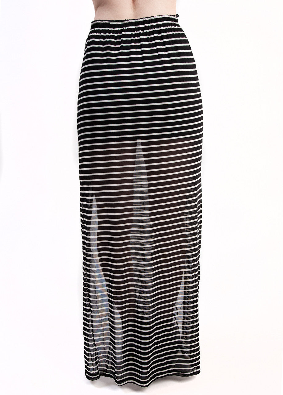 evil twin black and white striped zip maxi skirt with two front slits back view