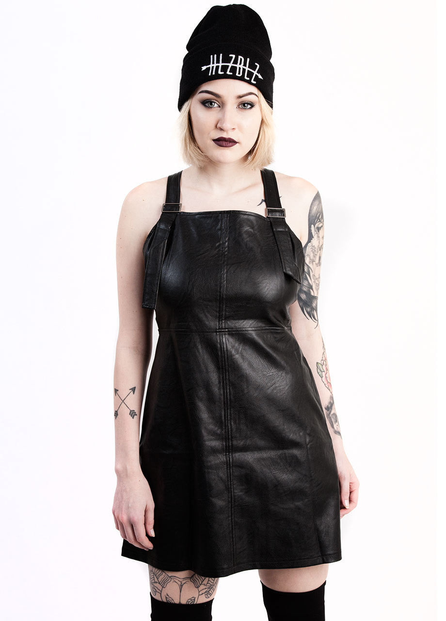 Evil Twin Hold Me Back black vegan leather overall pinnie dress with suspender detail