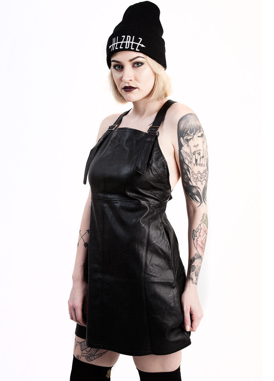 Evil Twin Hold Me Back Black Leather Pinnie Dress - vegan leather material pinafore dress