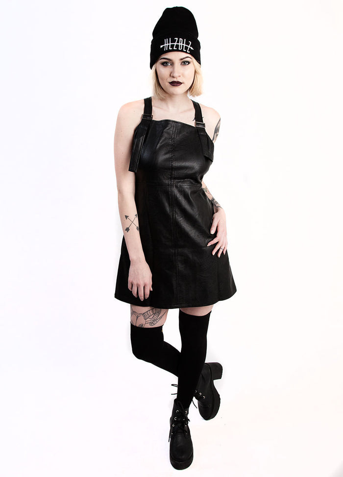 Evil Twin Hold Me Back black faux leather pinafore dress with suspenders