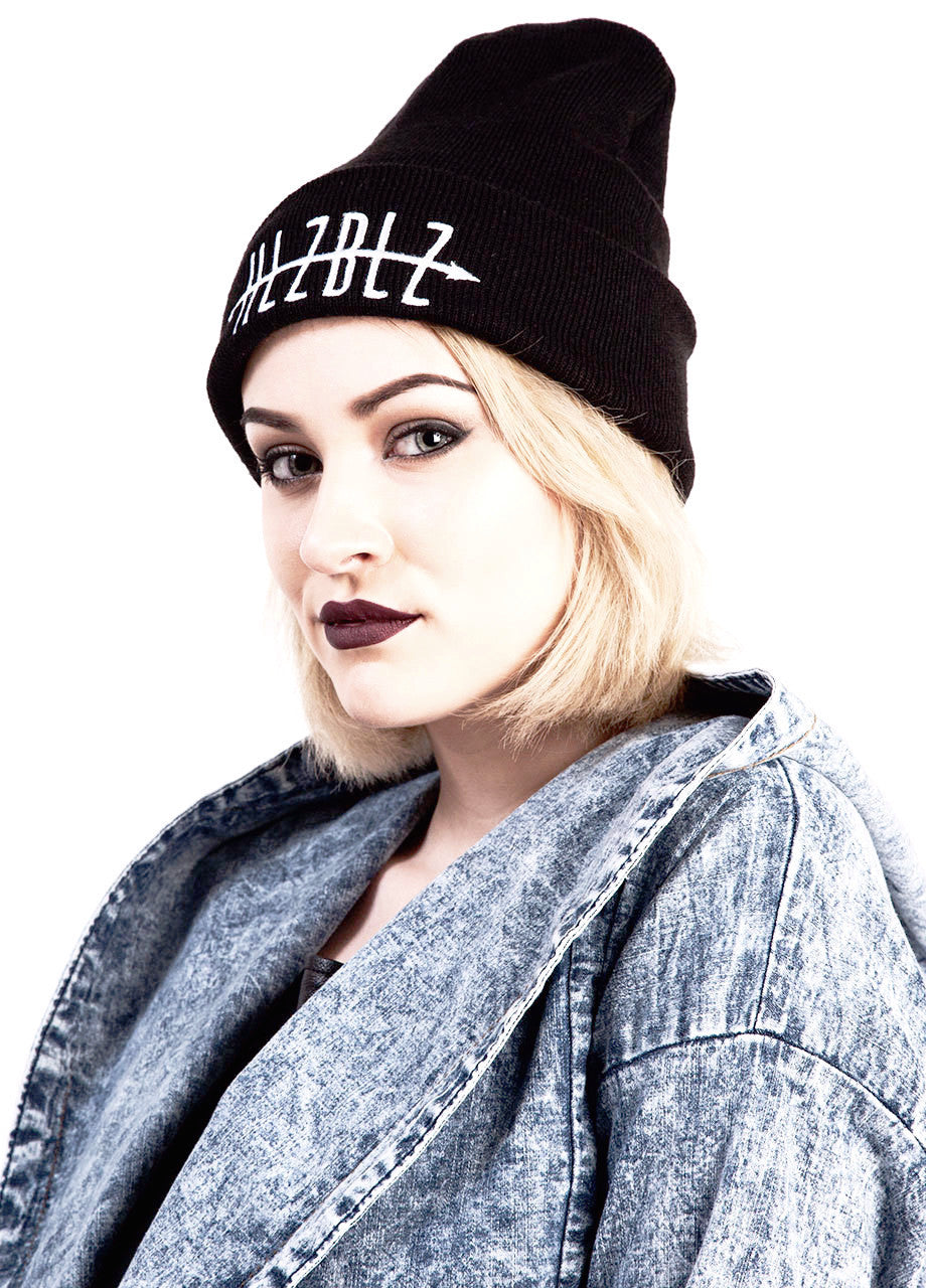 Hellz bellz straight to hellz black beanie on model side view