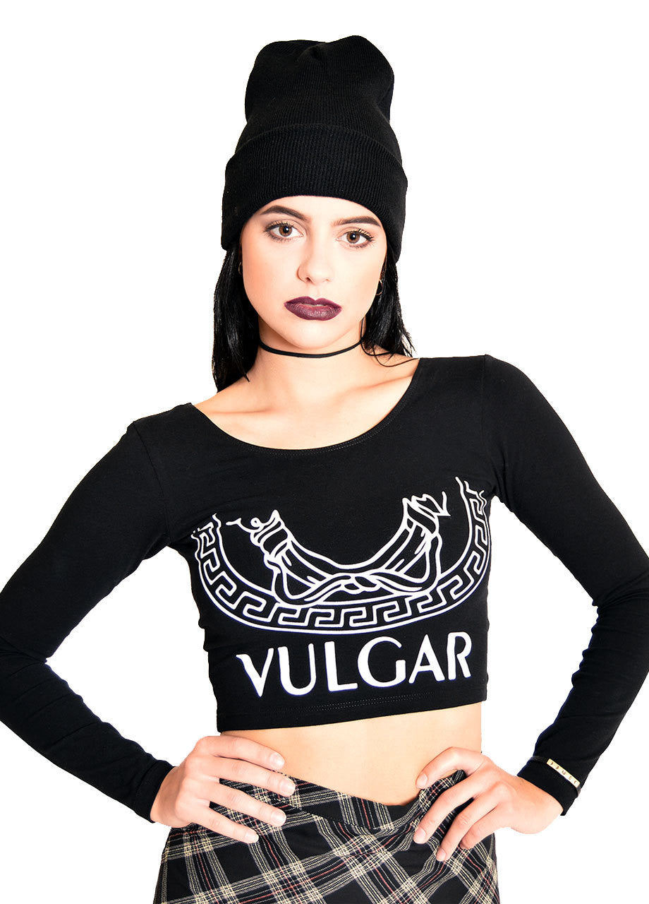 HLZBLZ Vulgar Long Sleeve Crop Top, hellz bellz vulgar long sleeve crop top close up front