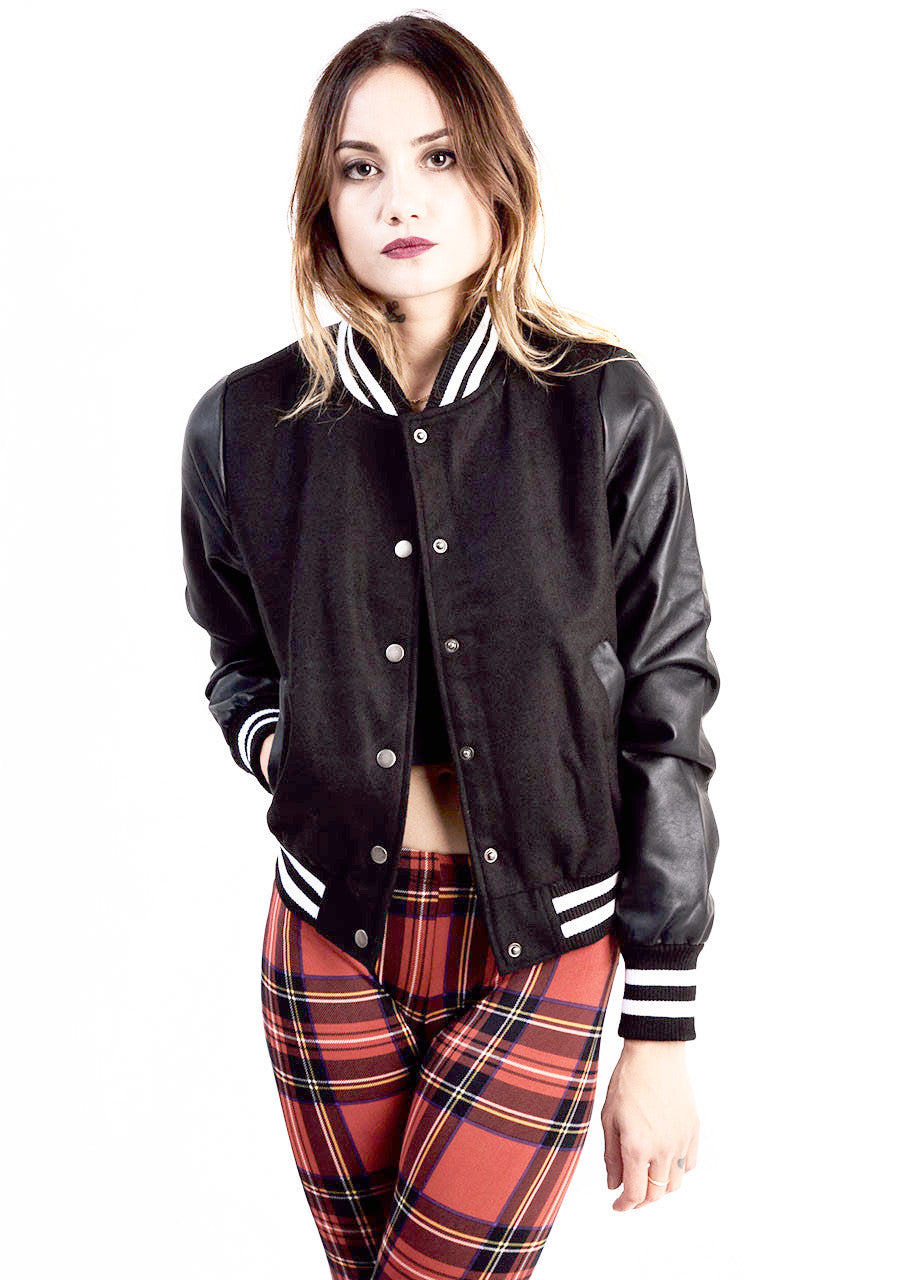 womens black leather sleeve varsity jacket letterman jacket