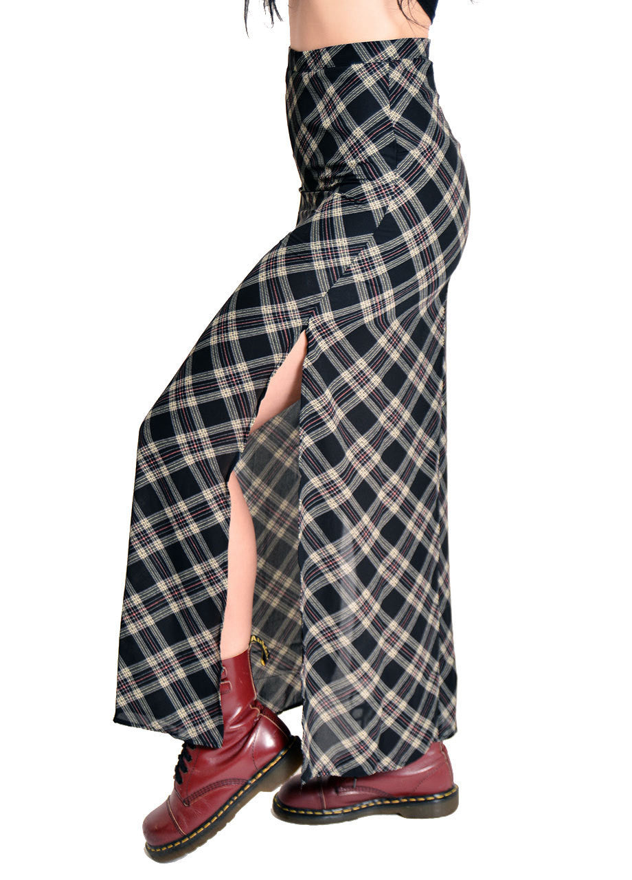 high waisted black plaid maxi skirt slits on both sides