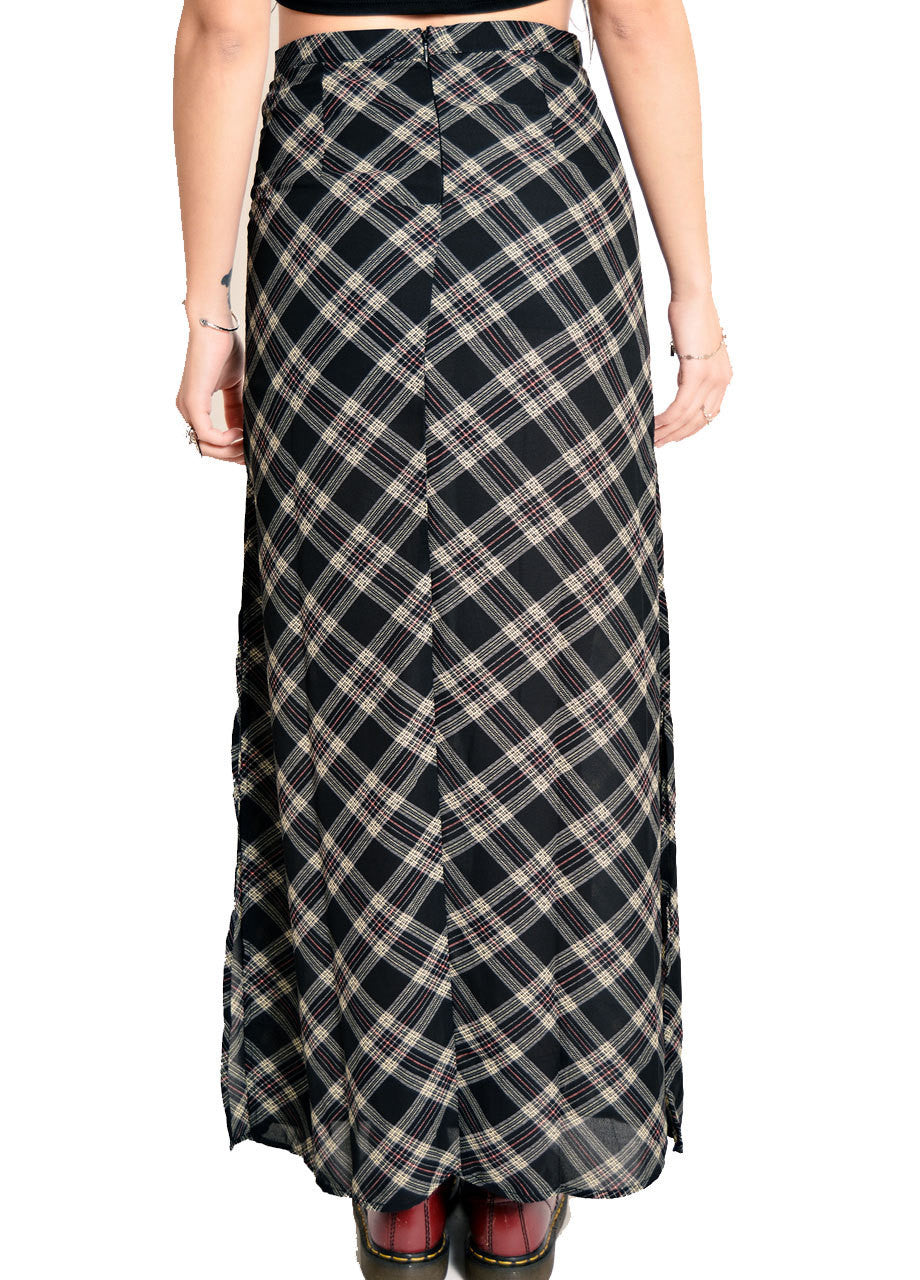 high waisted black plaid maxi skirt back view - shop BLACKCLOTH