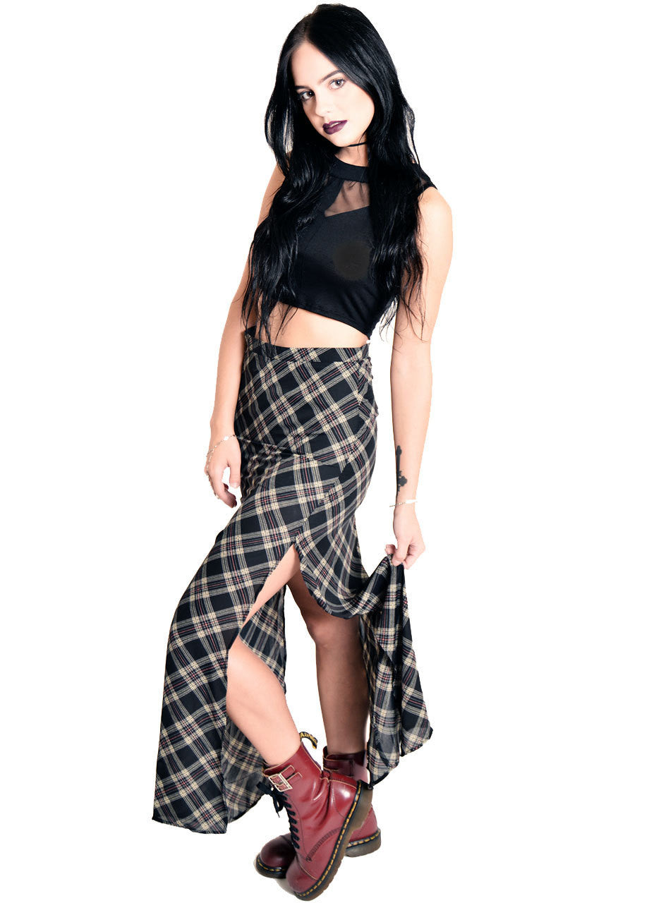 high waisted black plaid maxi skirt with side slit - SHOP BLACKCLOTH