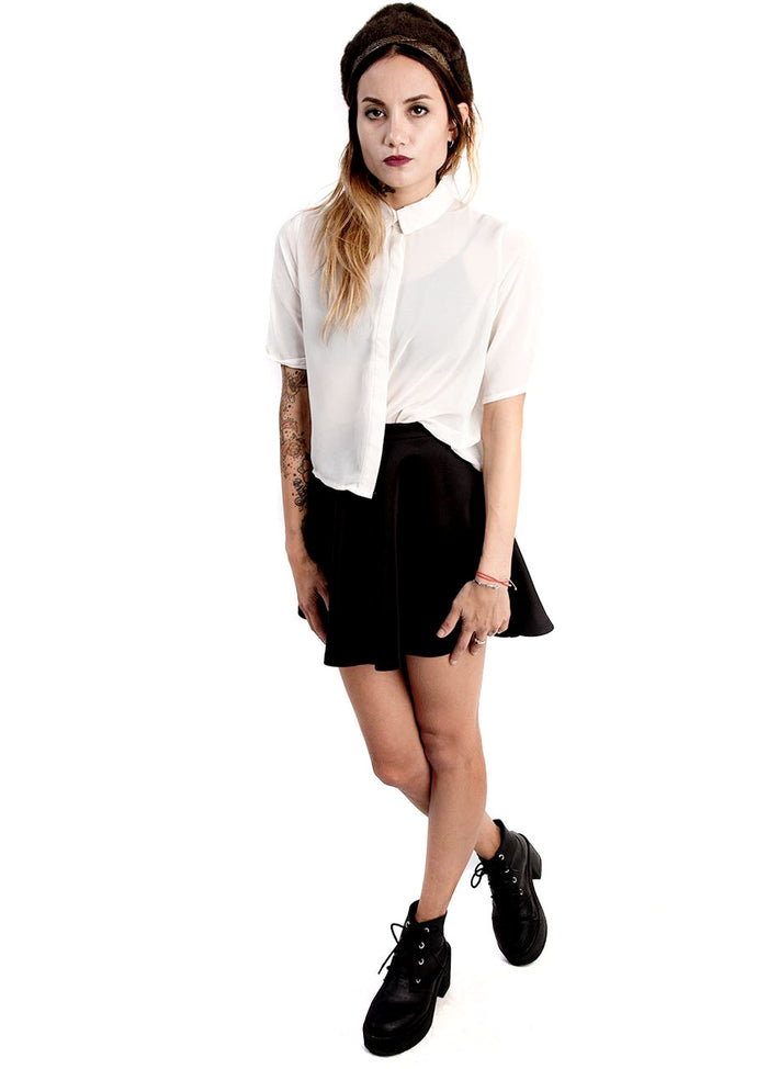 Pleated Crop Button Up Shirt with high waisted skirt outfit