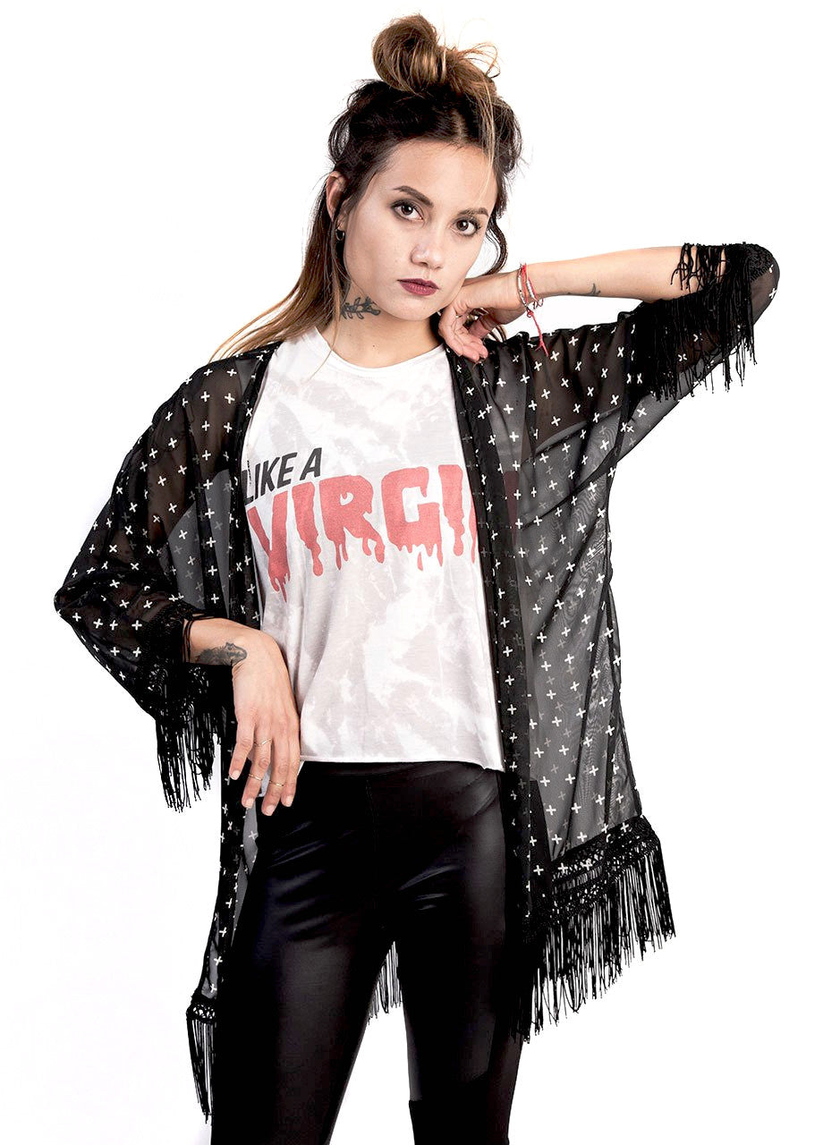 womens sheer black kimono, open kimono with cross pattern and fringe detail - shop blackcloth