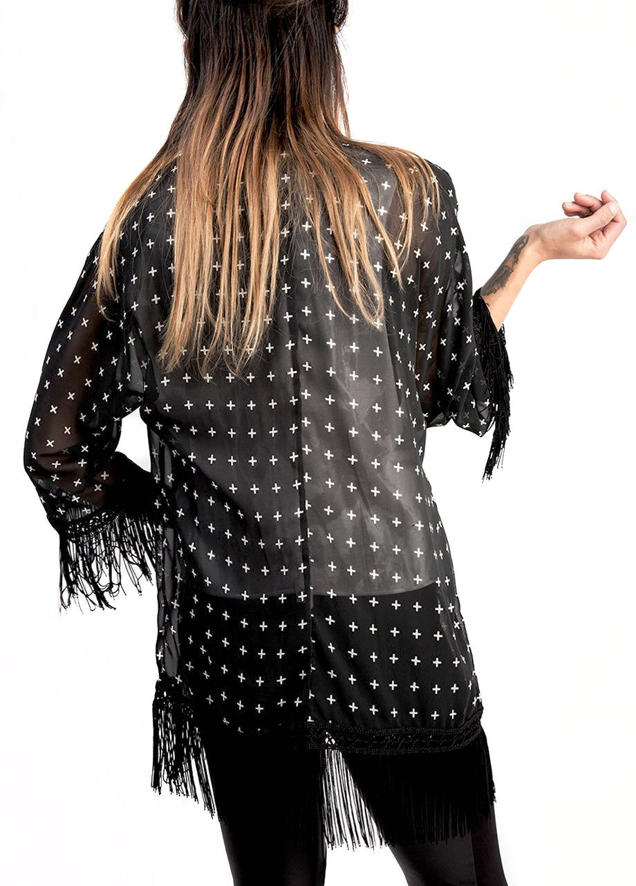 sheer black kimono with fringe and cross pattern throughout - shop BLACKCLOTH