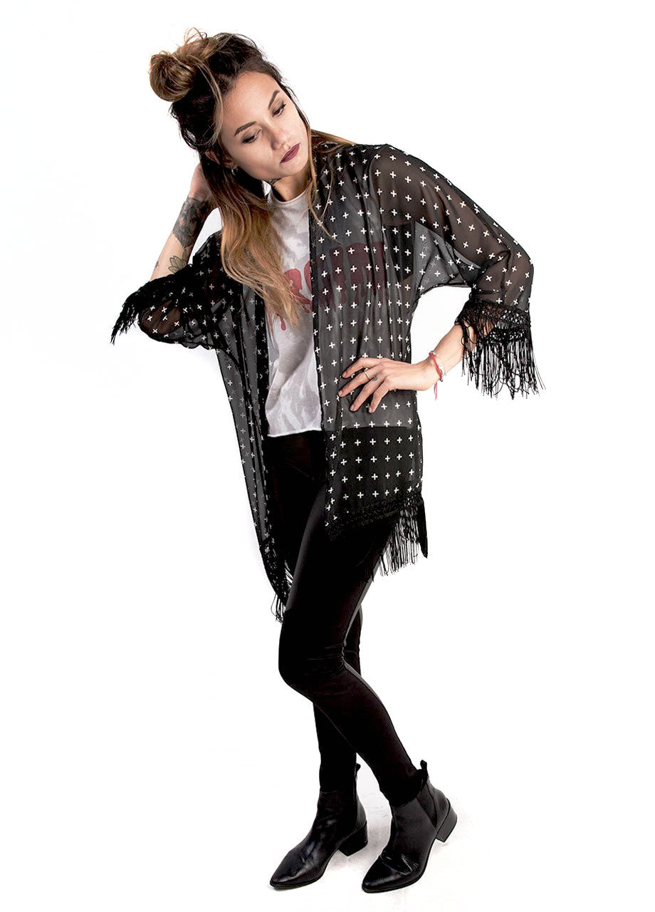 sheer black fringe kimono with cross pattern on BLACKCLOTH - shopblackcloth.com