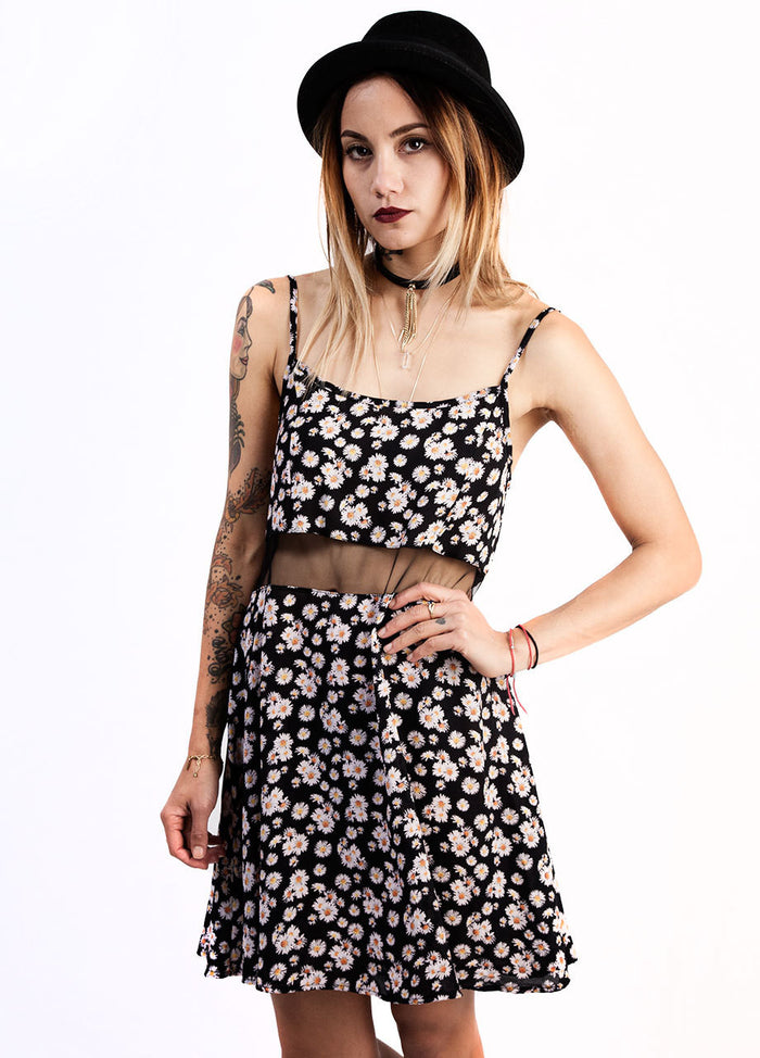Black daisy print mesh cut out dress - shop BLACKCLOTH