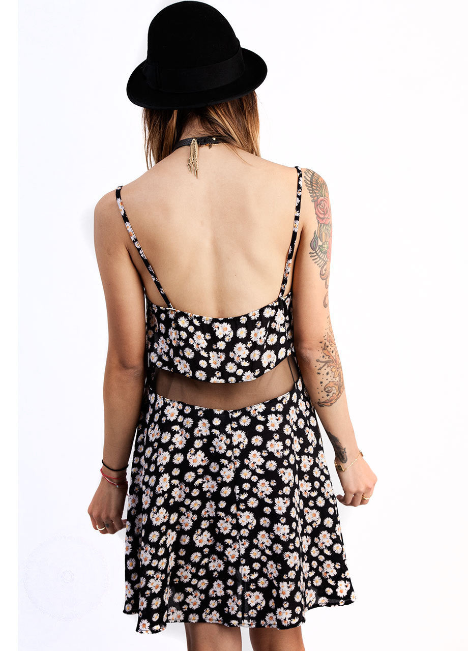 Daisy print summer dress in black with mesh cut outs 