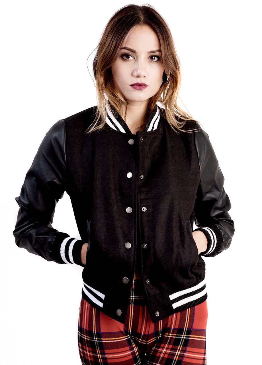 black faux leather sleeve womens varsity bomber jacket