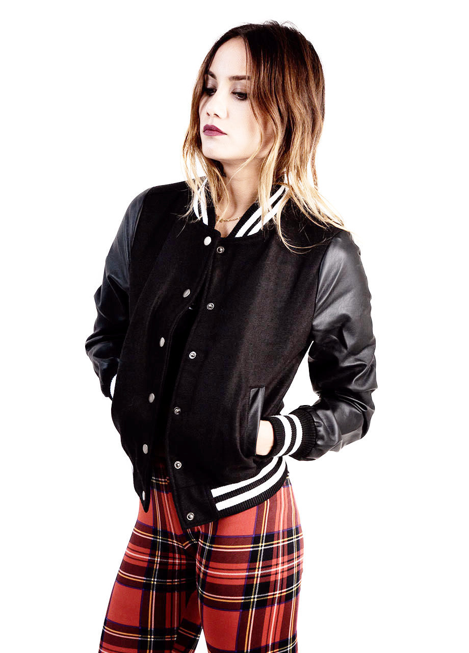 black and white leather and wool womens varsity coat jacket