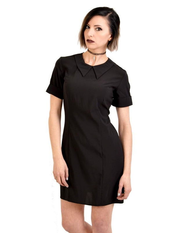 point collar all black collared black dress with short sleeves