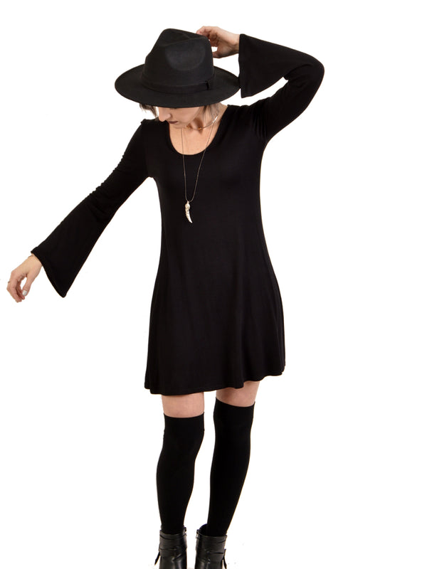 bell sleeve long sleeve black dress