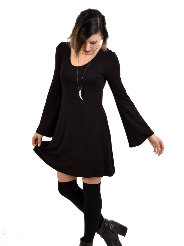 womens bell sleeve long sleeve black dress