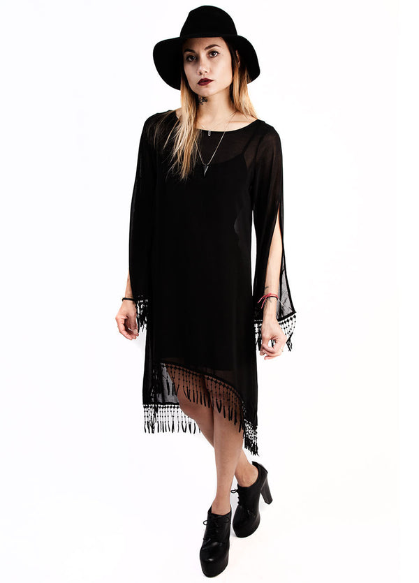 70s style dress with fringe and bell sleeves, black midi dress
