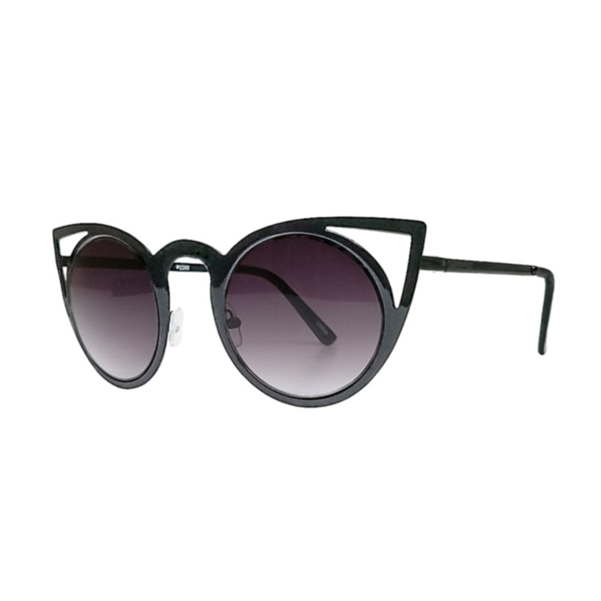 glossy black cat eye sunglasses with laser cut outs modern