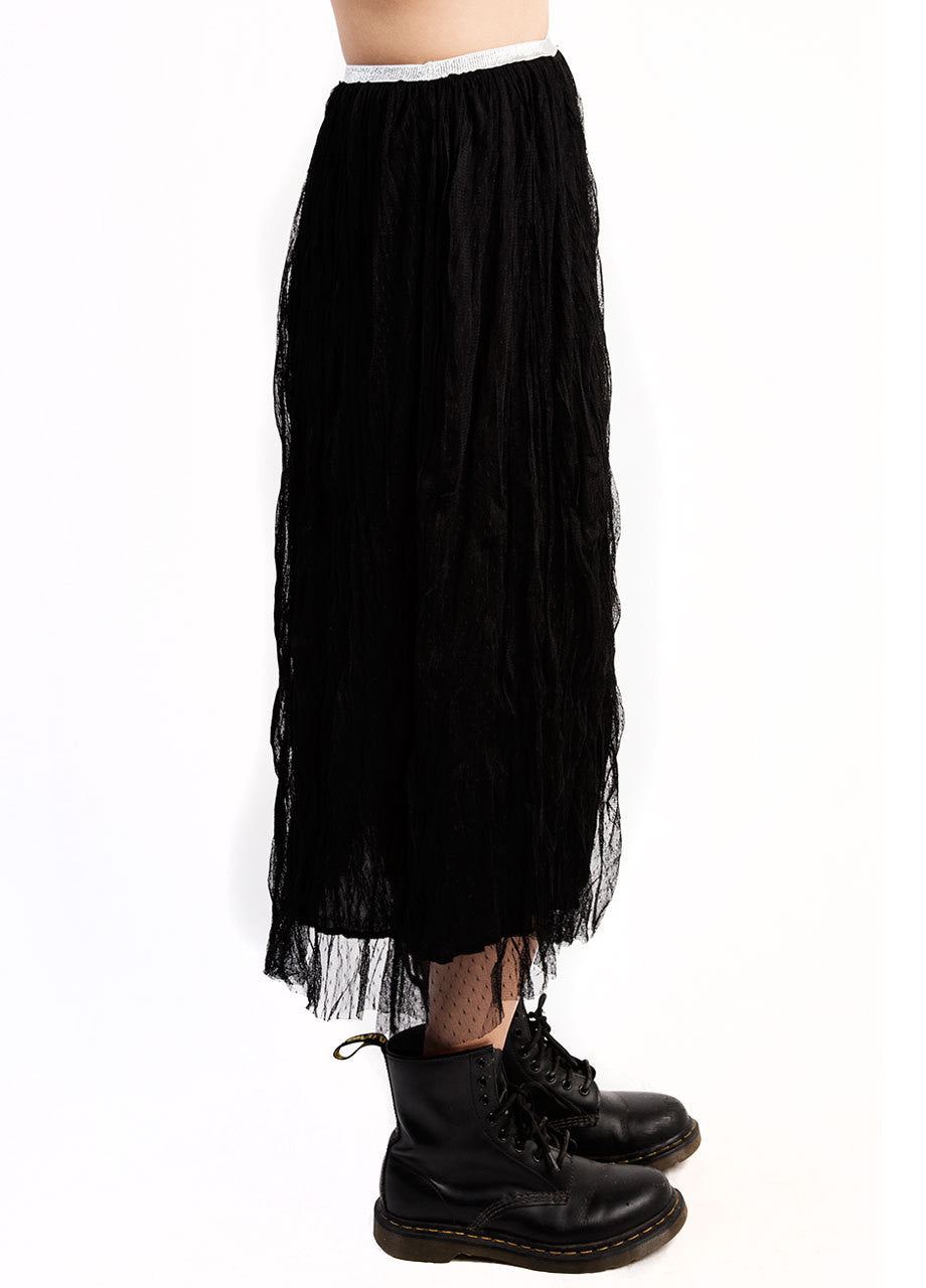 high waist sheer black midi skirt with lace overlay and silver metallic waistband