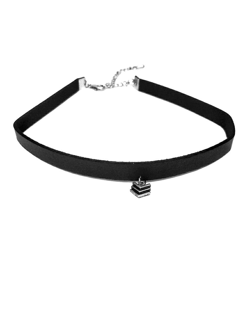 black leather choker silver chevron pendant