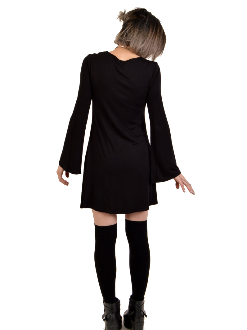 black dress bell sleeve a line dress