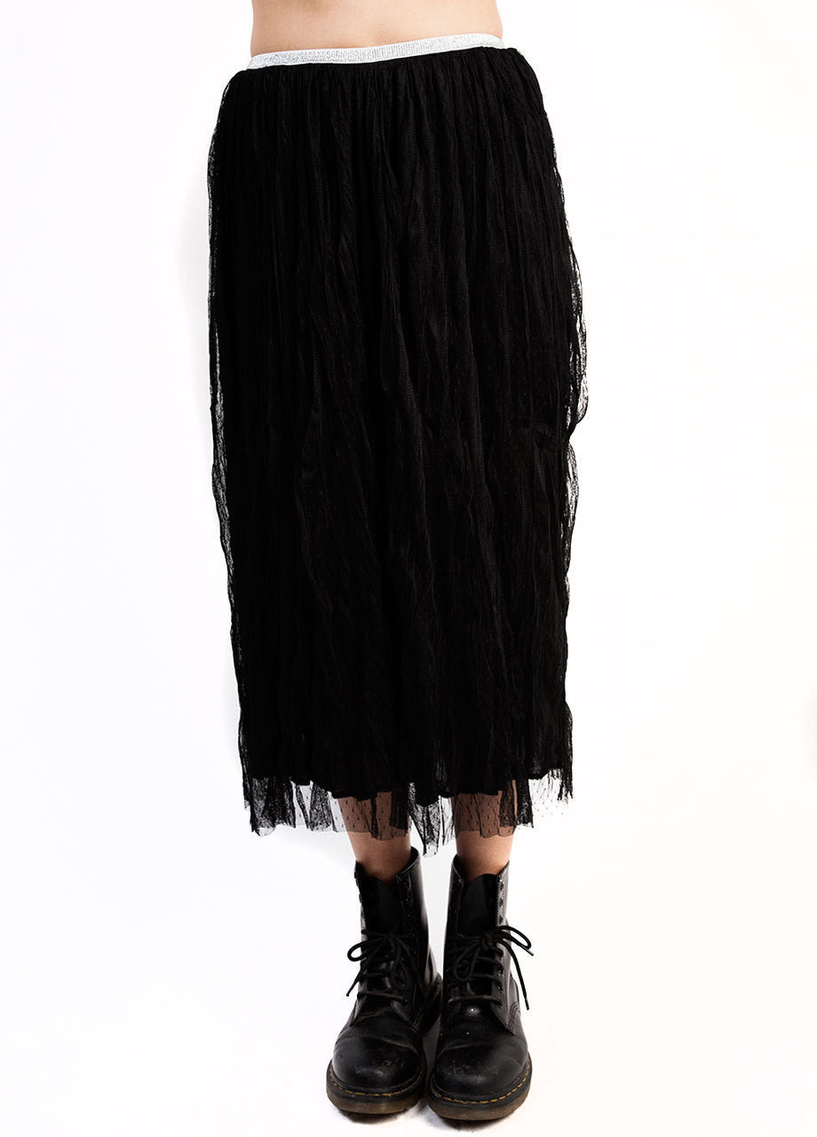 black lace midi skirt with silver metallic waistband
