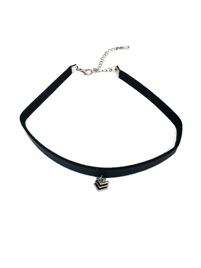 black leather choker with silver chevron pendant