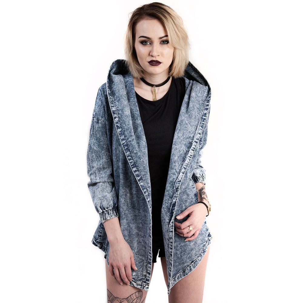 Acid Wash Hooded Oversized Denim Jacket
