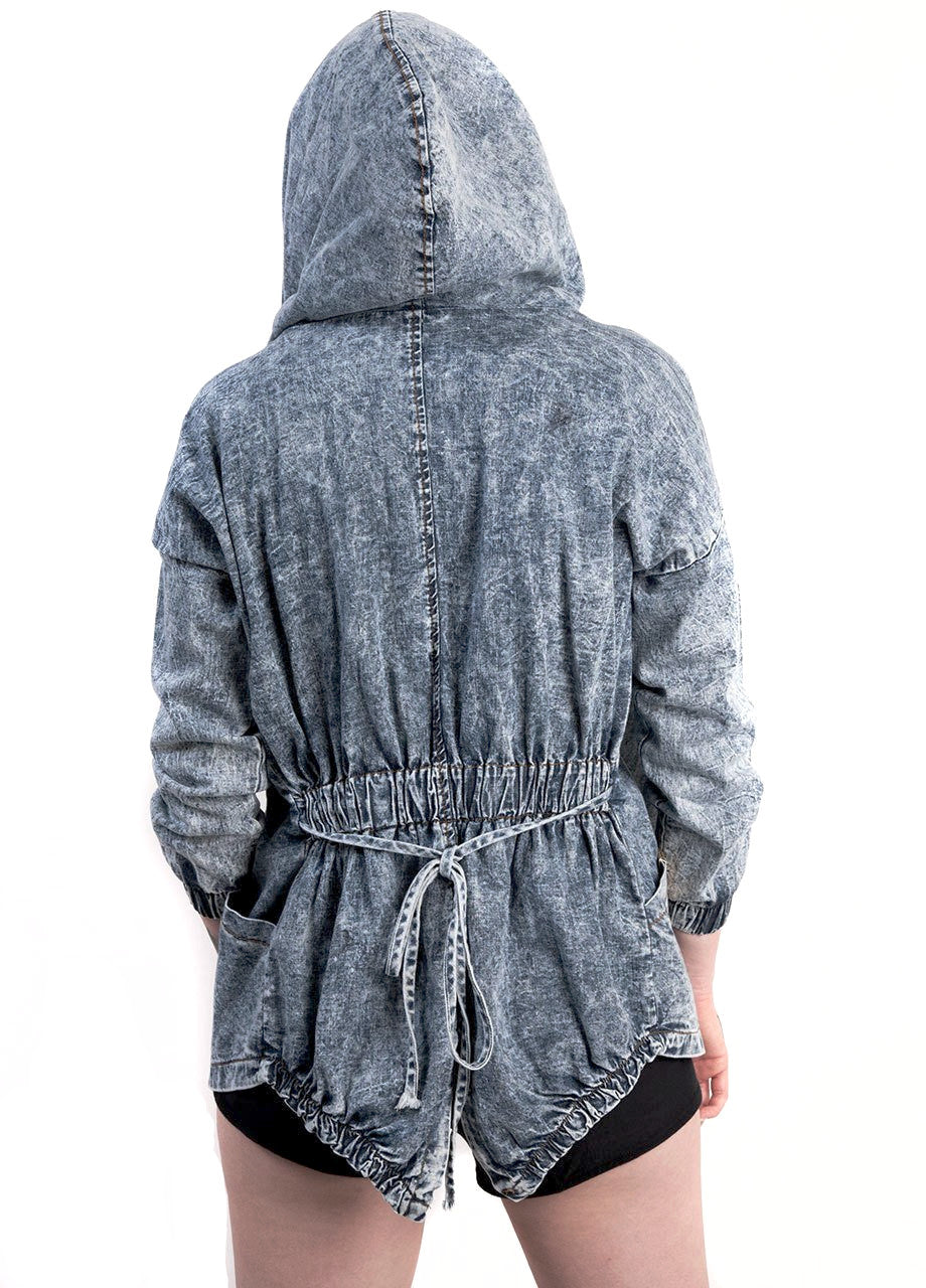 womens hooded denim jacket with coattails in acid wash light denim - shop at BLACKCLOTH