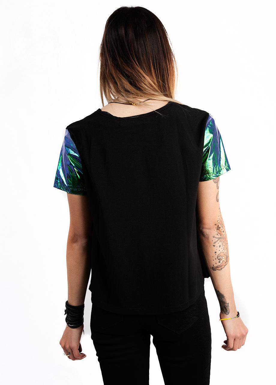 evil twin illuminati tee with foil sleeves in emerald color hologram, back view