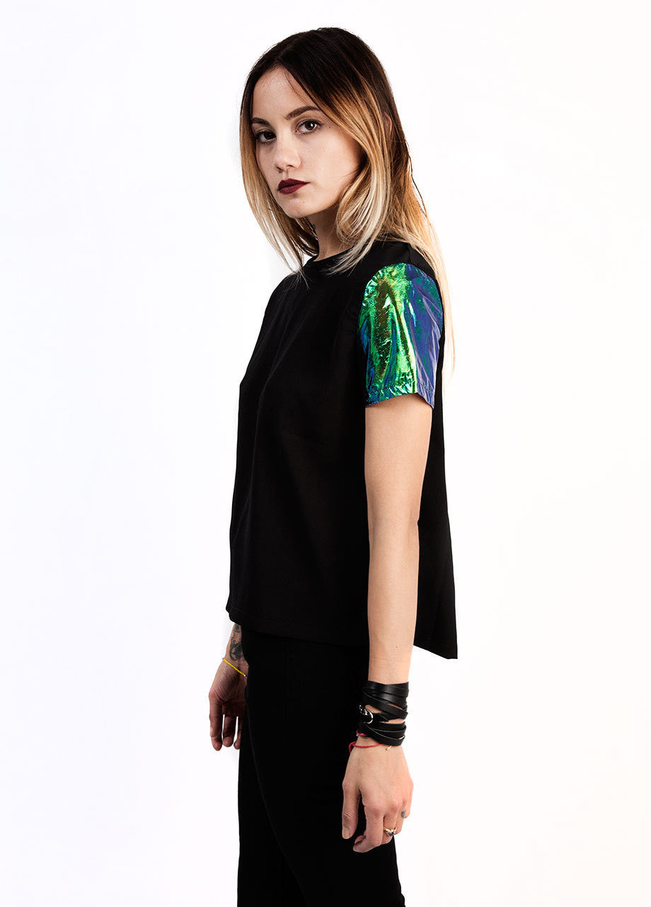 evil twin illuminati woven black tee with emerald holographic sleeves in foil material, cropped