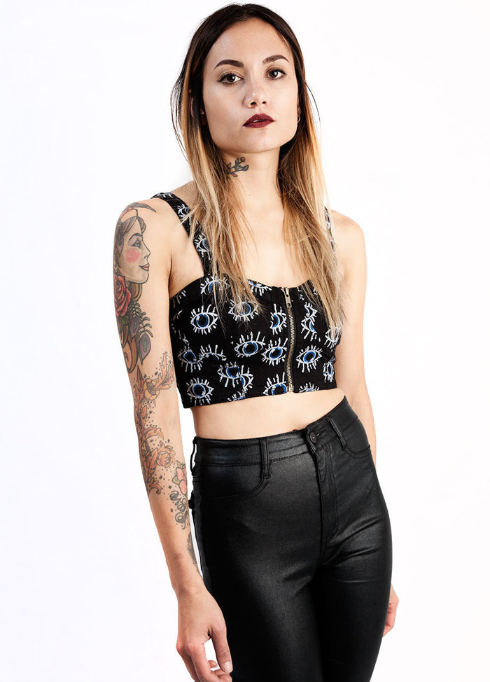 evil twin optical intrusion bustier top, all seeing eye bustier crop top