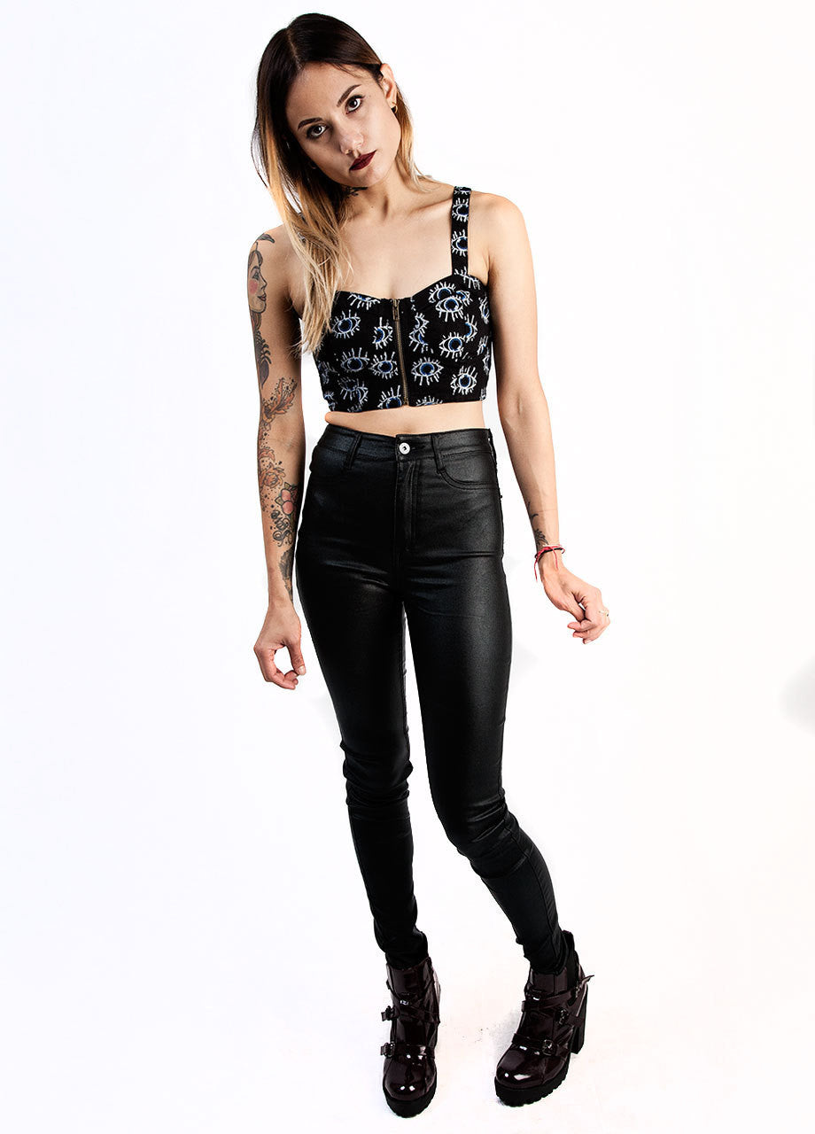 bustier corset top, evil twin eyeball graphic crop top styled outfit