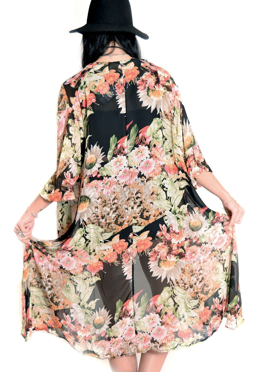 Maxi Length Black Floral Kimono Sheer Floral Kimono asymmetrical open kimono