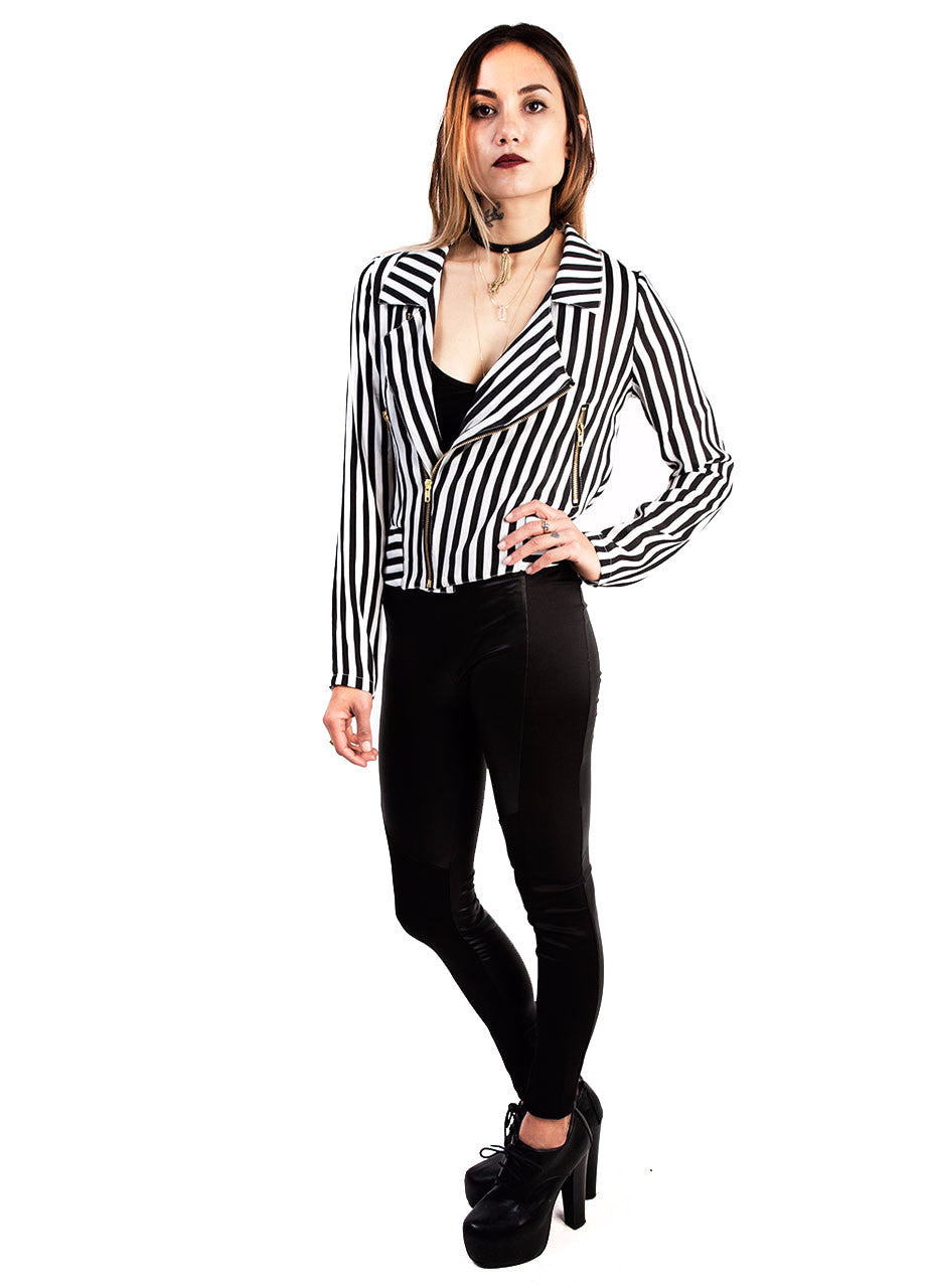 moto jacket outfit, black and white stripes moto jacket style - BLACKCLOTH