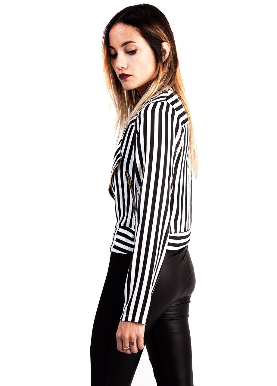 Black And White Striped Moto Jacket - BLACKCLOTH