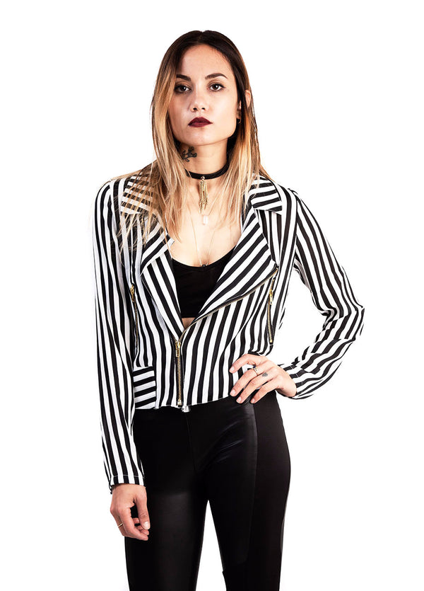 womens lightweight moto jacket black white stripes - BLACKCLOTH