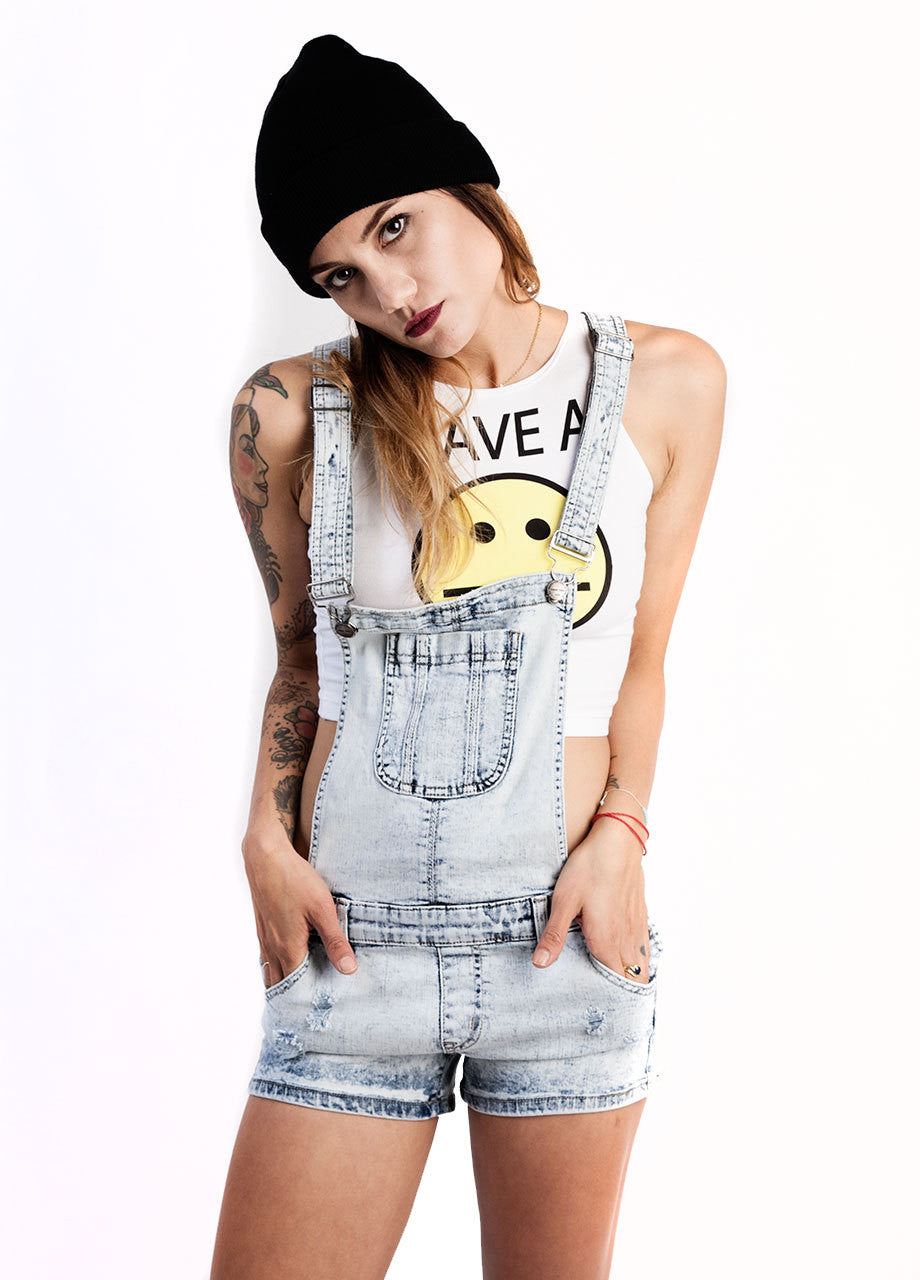 Acid Wash Denim Overall Shorts